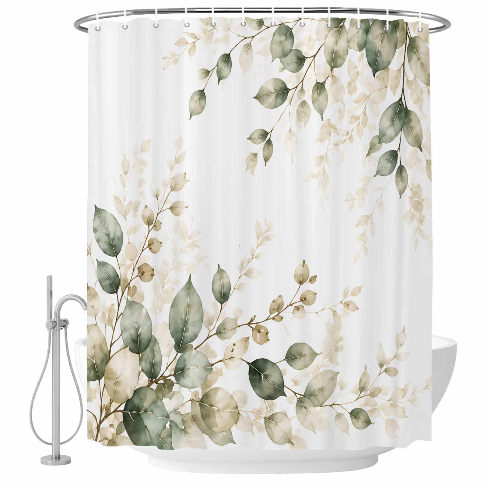 Extra Long Shower Curtain 72x96 Inch, Grey Eucalyptus Leaves Shower