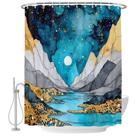 Extra Long Shower Curtain 72x96 Inch, Grey Gold Mountains Shower Curtain Waterproof Bathroom Decor, Abstract Turquoise Blue Marble Moon Fabric Bath Curtain Set Accessories with Hooks
