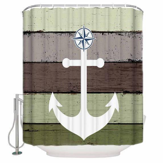 Extra Long Shower Curtain 72x96 Inch, Nautical Anchor Shower Curtain Waterproof Bathroom Decor Farmhouse Sage Green Brown Wooden Grain Fabric Bath Curtain Set Accessories with Hooks