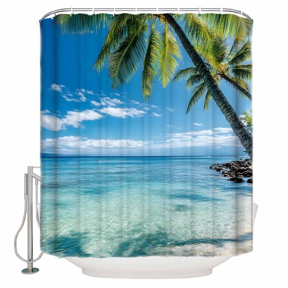 Extra Long Shower Curtain 72x96 Inch, Ocean Shower Curtain Waterproof Bathroom Decor Summer Palm Trees Blue Sky Beach Scenery Fabric Bath Curtain Set Accessories with Hooks