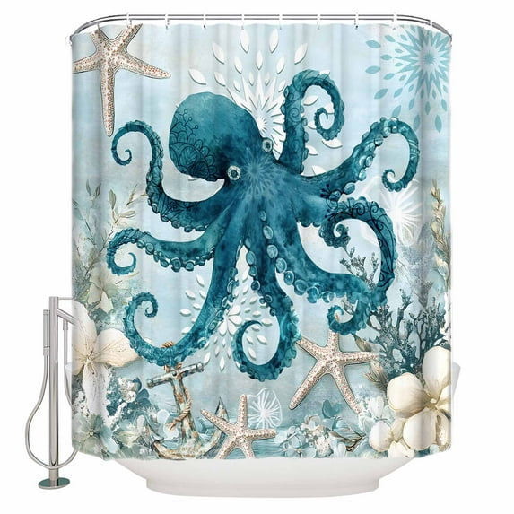 Extra Long Shower Curtain 72x96 Inch, Octopus Blue Shower Curtain Waterproof Bathroom Decor Coastal Starfish Nautical Anchor Flower Fabric Bath Curtain Set Accessories with Hooks