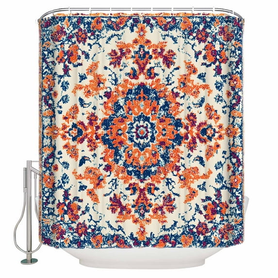 Extra Long Shower Curtain 72x96 Inch, Orange Blue Ethnic Shower Curtain Waterproof Bathroom Decor Boho Geometric Art Vintage Fabric Bath Curtain Set Accessories with Hooks