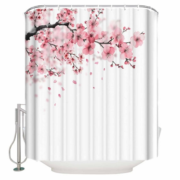 Extra Long Shower Curtain 72x96 Inch, Pink Floral Cherry Flower Shower Curtain Waterproof Bathroom Decor Abstract Botanical Branch Fabric Bath Curtain Set Accessories with Hooks
