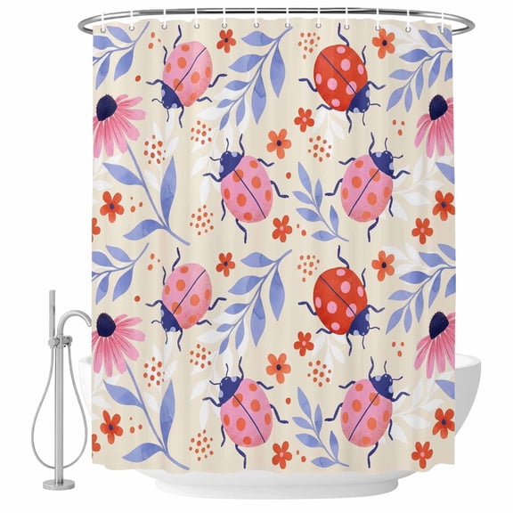 Extra Long Shower Curtain 72x96 Inch, Pink Ladybugs Shower Curtain Waterproof Bathroom Decor, Rustic Daisy Flowers Leaves Pastoral Beige Fabric Bath Curtain Set Accessories with Hooks