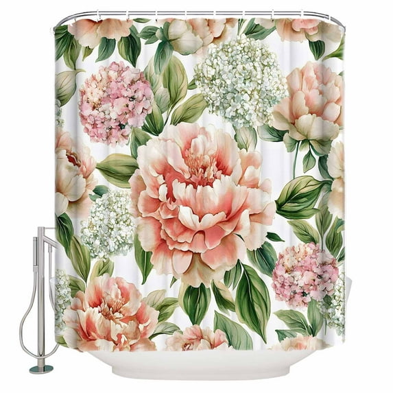 Extra Long Shower Curtain 72x96 Inch, Pink Peony Hydrangea Shower Curtain Waterproof Bathroom Decor Spring Botanical Floral Fabric Bath Curtain Set Accessories with Hooks