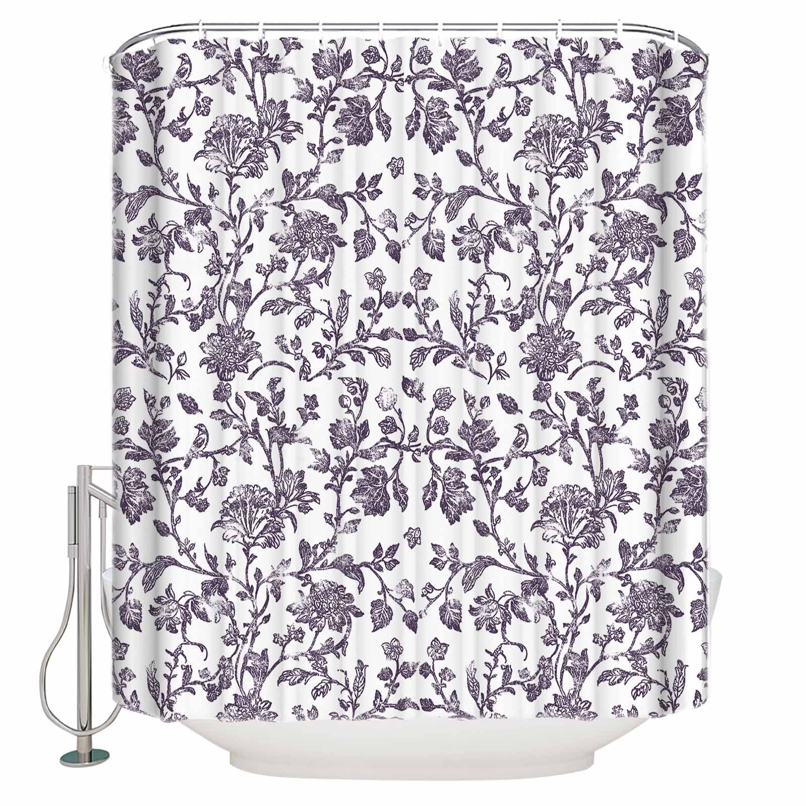 Extra Long Shower Curtain 72x96 Inch, Purple Flower Shower Curtain Waterproof Bathroom Decor Vintage Farmhouse Boho Leaf Spring Plant Fabric Bath Curtain Set Accessories with Hooks