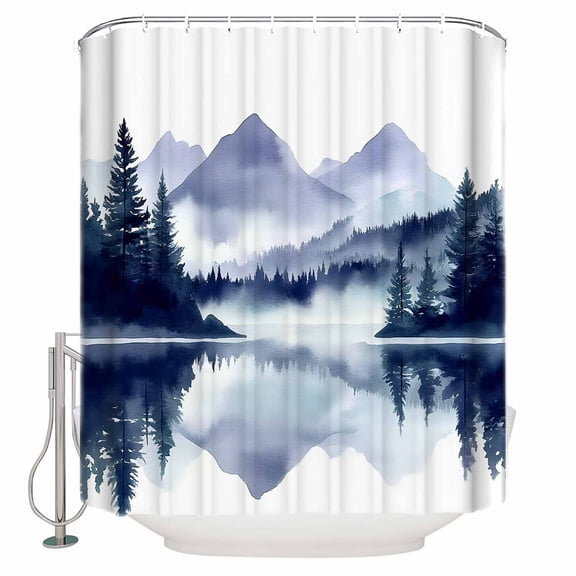 Extra Long Shower Curtain 72x96 Inch, Purple Ink Mountain Shower Curtain Waterproof Bathroom Decor Abstract Art Lake Forest Fabric Bath Curtain Set Accessories with Hooks