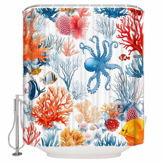 Extra Long Shower Curtain 72x96 Inch, Red Blue Coastal Shower Curtain Waterproof Bathroom Decor Octopus Coral Summer Beach Ocean Fabric Bath Curtain Set Accessories with Hooks