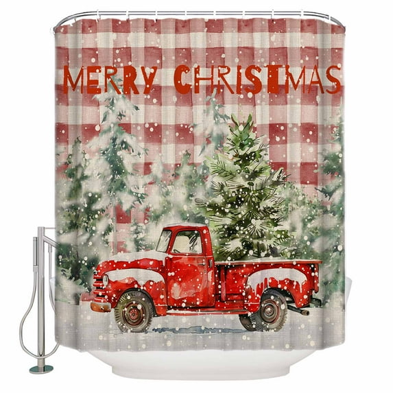 Extra Long Shower Curtain 72x96 Inch, Red Christmas Shower Curtain Waterproof Bathroom Decor Red Truck Xmas Tree Snowflake Fabric Bath Curtain Set Accessories with Hooks
