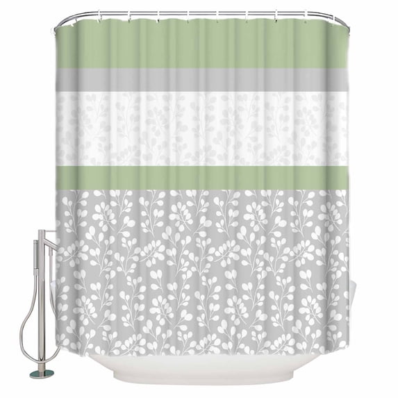 Extra Long Shower Curtain 72x96 Inch, Sage Green Grey Shower Curtain Waterproof Bathroom Decor Chic Garden Floral Stripe Aesthetic Fabric Bath Curtain Set Accessories with Hooks