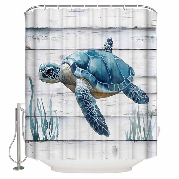 Extra Long Shower Curtain 72x96 Inch, Sea Turtle Blue Shower Curtain Waterproof Bathroom Decor Coastal Ocean Seaweed Wood Grain Fabric Bath Curtain Set Accessories with Hooks