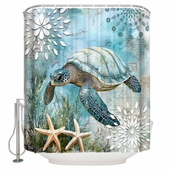 Extra Long Shower Curtain 72x96 Inch, Sea Turtle Coastal Shower Curtain Waterproof Bathroom Decor Summer Beach Teal Coral Starfish Fabric Bath Curtain Set Accessories with Hooks