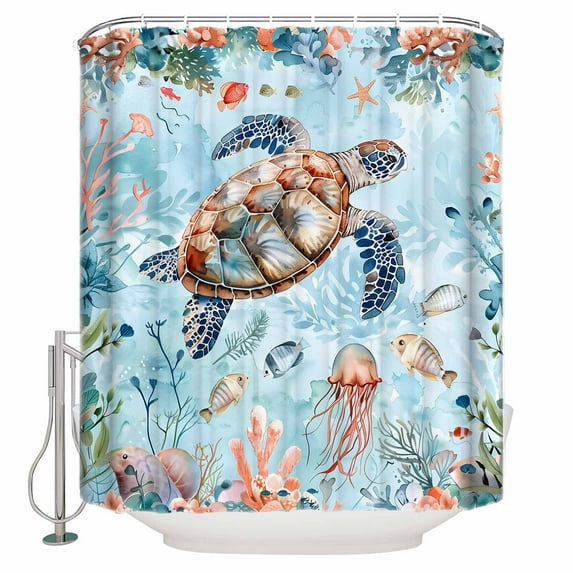 Extra Long Shower Curtain 72x96 Inch, Sea Turtle Shower Curtain Waterproof Bathroom Decor Summer Beach Coastal Nautical Coral Blue Red Fabric Bath Curtain Set Accessories with Hooks