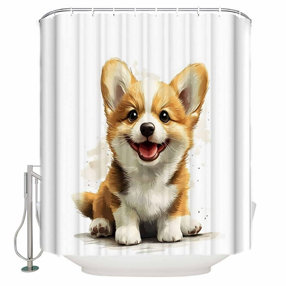 Extra Long Shower Curtain 72x96 Inch, Sitting Puppy Cartoon Shower Curtain Waterproof Bathroom Decor Watercolor Cute Dog Animal Fabric Bath Curtain Set Accessories with Hooks