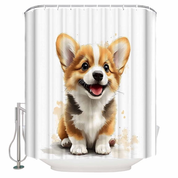 Extra Long Shower Curtain 72x96 Inch, Small Cute Dog Shower Curtain Waterproof Bathroom Decor Watercolor Cartoon Puppy Animal Fabric Bath Curtain Set Accessories with Hooks