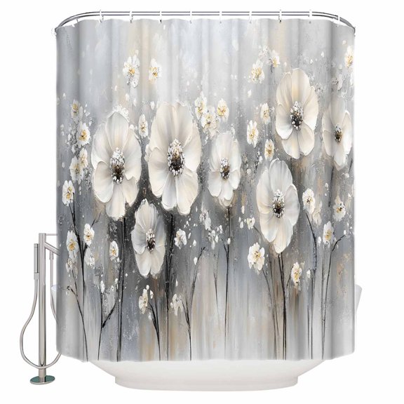 Extra Long Shower Curtain 72x96 Inch, Spring Camellia Shower Curtain Waterproof Bathroom Decor Retro Floral Oil Painting Modern Art Fabric Bath Curtain Set Accessories with Hooks