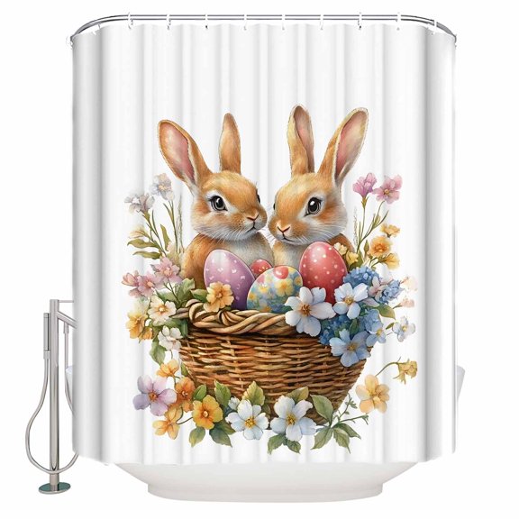 Extra Long Shower Curtain 72x96 Inch, Spring Easter Shower Curtain Waterproof Bathroom Decor Eggs Bunny Botanical Floral Colorful Fabric Bath Curtain Set Accessories with Hooks