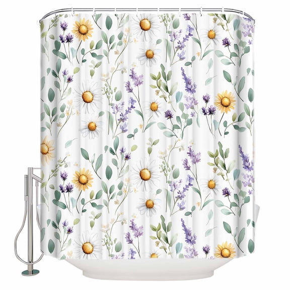 Extra Long Shower Curtain 72x96 Inch, Spring Floral Shower Curtain Waterproof Bathroom Decor Watercolor Pastoral Wildflowers Summer Fabric Bath Curtain Set Accessories with Hooks