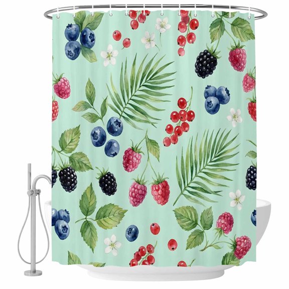 Extra Long Shower Curtain 72x96 Inch, Summer Berry Shower Curtain Waterproof Bathroom Decor, Botanical Blueberry Raspberry Flowers Leaves Fabric Bath Curtain Set Accessories with Hooks