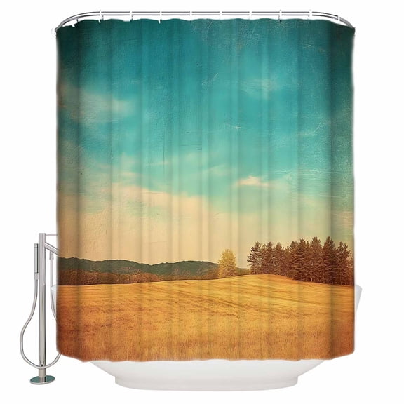 Extra Long Shower Curtain 72x96 Inch, Teal Blue Sky Golden Fields Shower Curtain Waterproof Bathroom Decor Retro Nature Hill Scenery Fabric Bath Curtain Set Accessories with Hooks