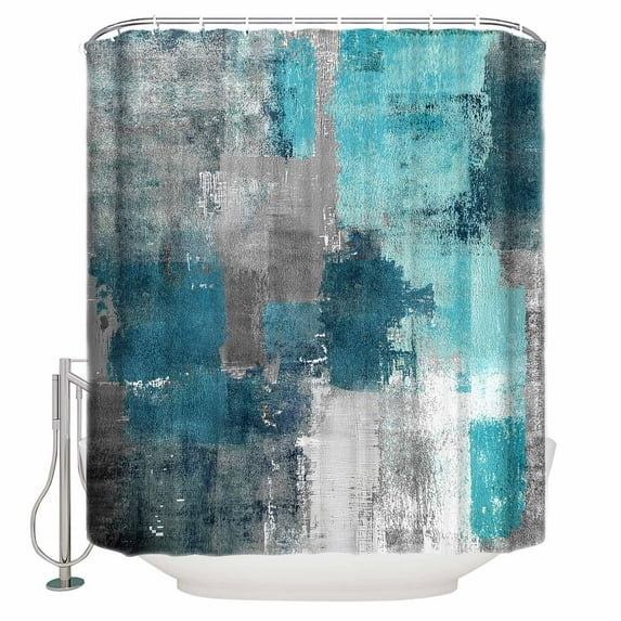 Extra Long Shower Curtain 72x96 Inch, Turquoise Grey Painting Shower Curtain Waterproof Bathroom Decor Abstract Street Smear Art Modern Fabric Bath Curtain Set Accessories with Hooks