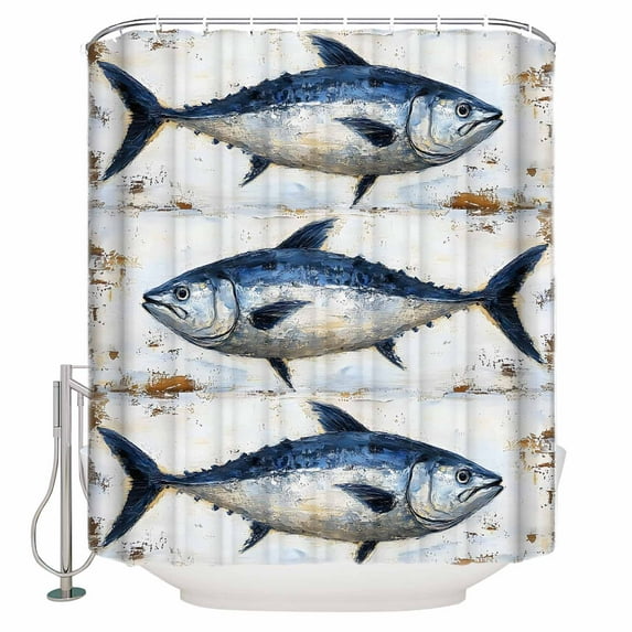 Extra Long Shower Curtain 72x96 Inch, Vintage Blue Fish Shower Curtain Waterproof Bathroom Decor Coastal Nautical Beach Wooden Fabric Bath Curtain Set Accessories with Hooks