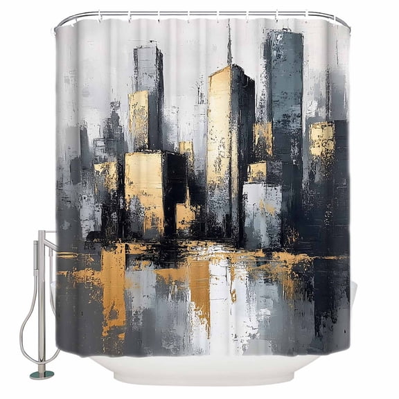 Extra Long Shower Curtain 72x96 Inch, Vintage Building Shower Curtain Waterproof Bathroom Decor Modern Abstract Ombre City Oil Painting Fabric Bath Curtain Set Accessories with Hooks