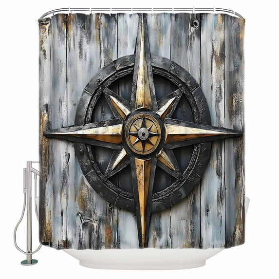 Extra Long Shower Curtain 72x96 Inch, Vintage Coastal Shower Curtain Waterproof Bathroom Decor Nautical Compass Ocean Summer Beach Fabric Bath Curtain Set Accessories with Hooks