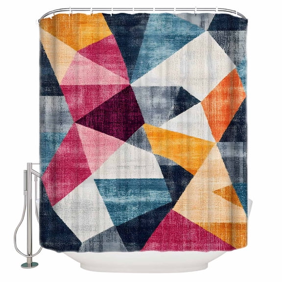 Extra Long Shower Curtain 72x96 Inch, Vintage Shabby Rhombus Shower Curtain Waterproof Bathroom Decor Colorful Simple Oil Painting Fabric Bath Curtain Set Accessories with Hooks
