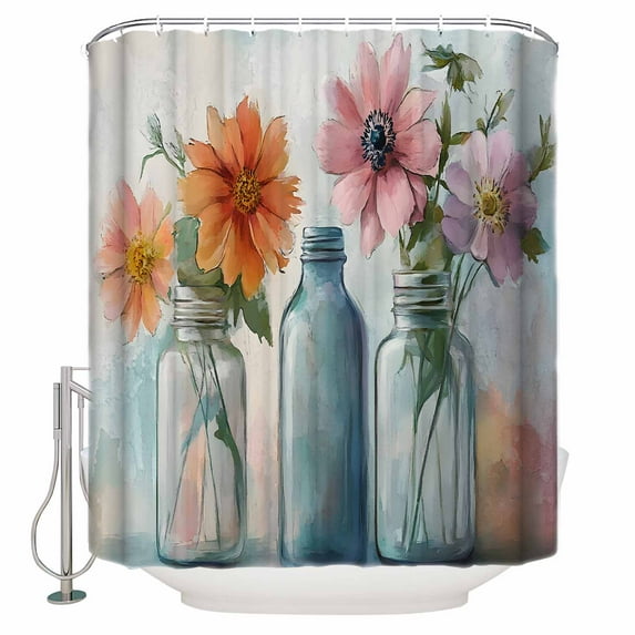 Extra Long Shower Curtain 72x96 Inch, Watercolor Flowers Shower Curtain Waterproof Bathroom Decor Retro Rustic Botanical Floral Leaves Fabric Bath Curtain Set Accessories with Hooks