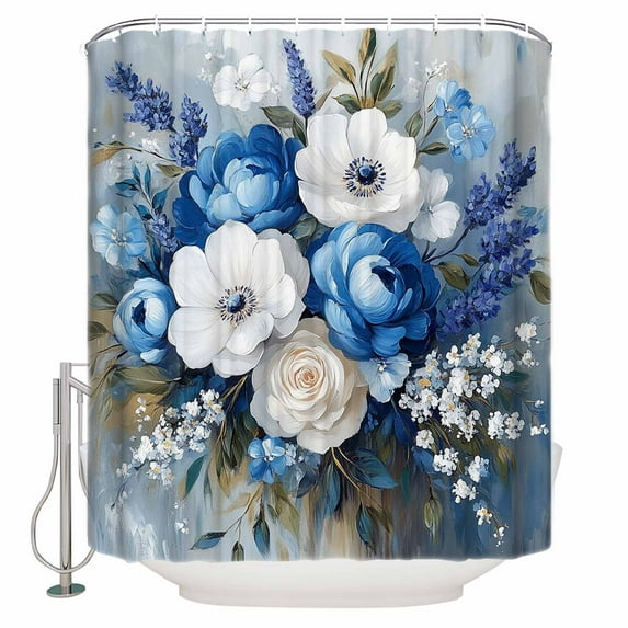 Extra Long Shower Curtain 72x96 Inch, White Blue Spring Floral Shower Curtain Waterproof Bathroom Decor Vintage Flowers Pastoral Fabric Bath Curtain Set Accessories with Hooks