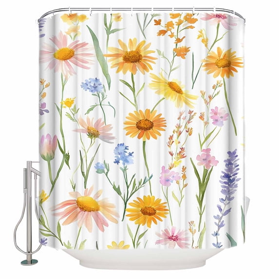Extra Long Shower Curtain 72x96 Inch, Yellow Daisies Floral Shower Curtain Waterproof Bathroom Decor Spring Botanical Farmhouse Fabric Bath Curtain Set Accessories with Hooks