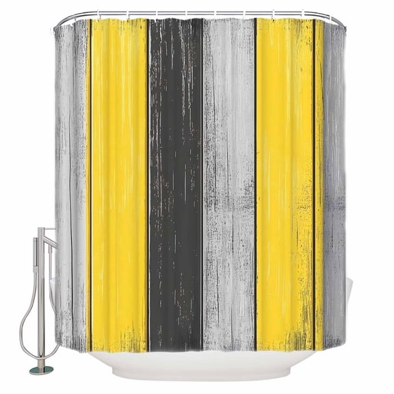 Extra Long Shower Curtain 72x96 Inch, Yellow Grey Farmhouse Shower Curtain Waterproof Bathroom Decor Vintage Retro Wooden Fabric Bath Curtain Set Accessories with Hooks