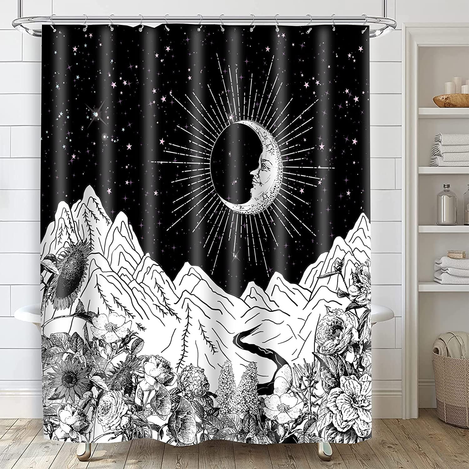 Extra Long Shower Curtain 72x96 Inch Length Bohemian Mountains Moon Set For Bathroom Water Resistant Polyester Fabric Machine Washable Com