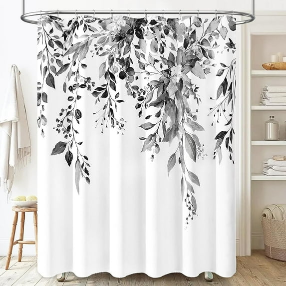 Extra Long Shower Curtain - 84 Inch Floral Heavy Duty Fabric Shower Curtain Set with 12 Plastic Hooks, Large Eucalyptus Botanical Waterproof Cloth Shower Curtains for Bathroom - 72x84 - Black