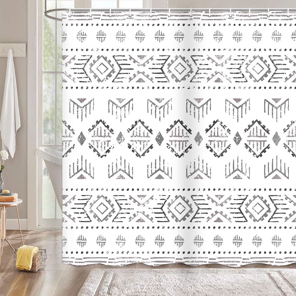 Extra Long Shower Curtain 84 inch Length, Grey White Boho Farmhouse