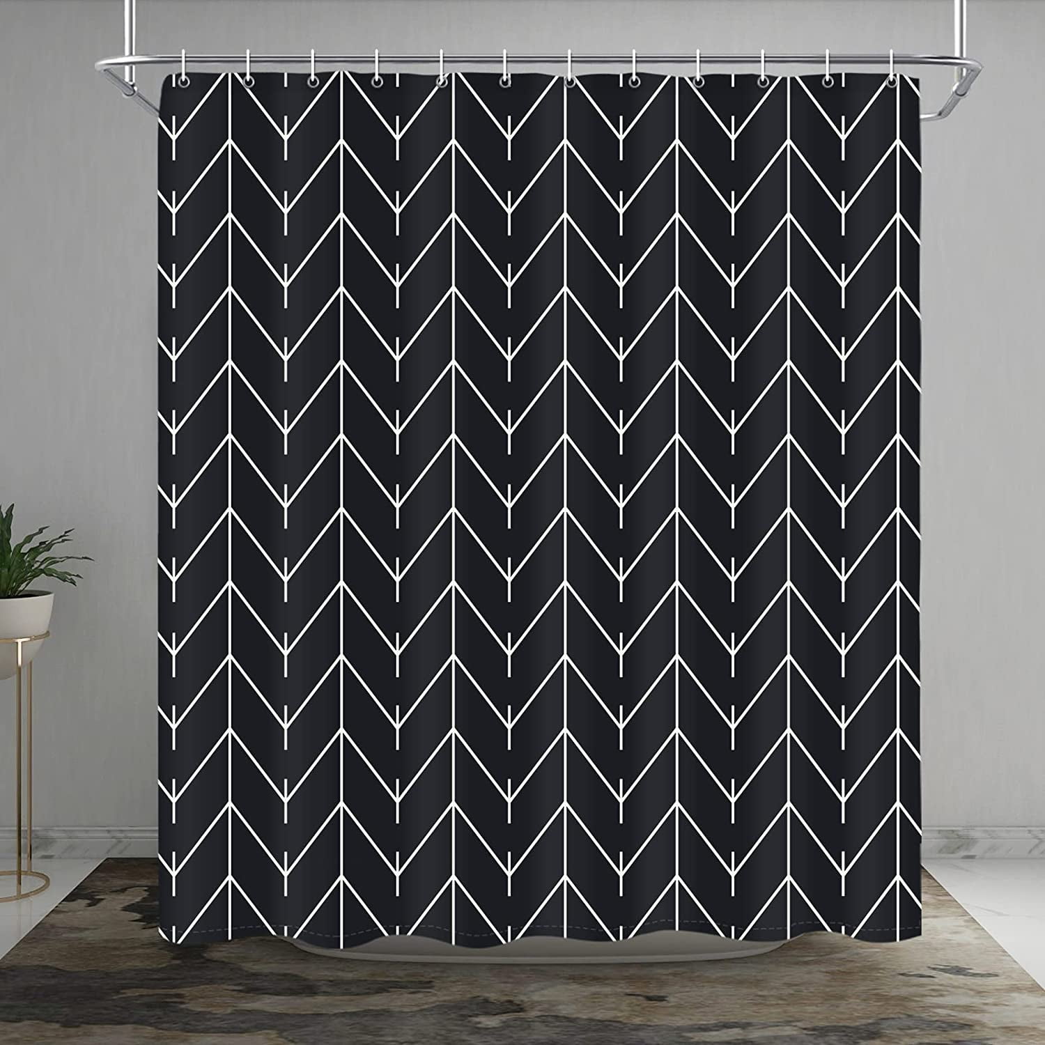 Extra Long Shower Curtain for Bathroom, Modern Black White Herringbone Geometric Striped Decor 84 Inches Long, Waterproof Fabric, Weighted Hem, with 12 Hooks 72 x 84