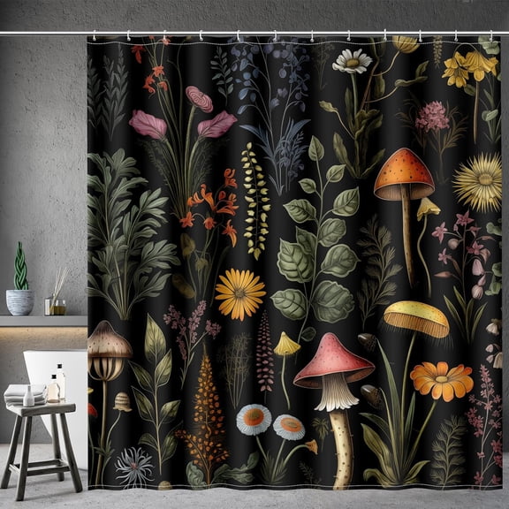 Extra Long Shower Curtain - Boho Mushroom Floral Vintage Plants Flowers Botanical Nature Bath Shower Curtain Set with 12 Hooks for Bathroom Decor Bathtub Curtain, 72"x84" Black