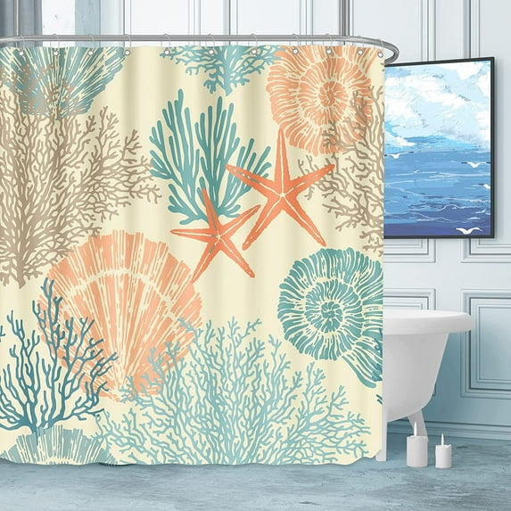 Extra Long Shower Curtain Decorative Nautical Coastal Starfish Seashell Beach Bath Curtain Waterproof Fabric Ocean Themed Decor for Bathroom with 12 Hooks, 72 x 84, C4