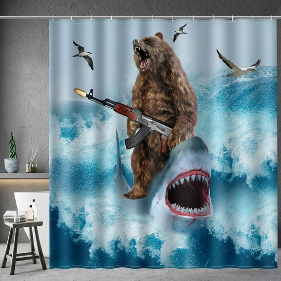 Extra Long Shower Curtain - Funny Cool Bear Riding Shark Crazy Ocean Wave Fabric Cloth Shower Curtain Set with 12 Hooks Adults Bathroom Decor Accessories Bathtub Curtain, 72"x84", Blue Brown