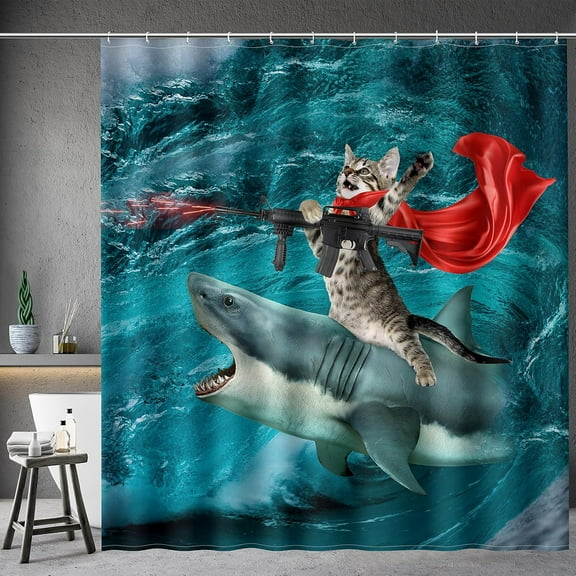 Extra Long Shower Curtain - Funny Cute Crazy Cat Riding Shark Ocean Fun Fabric Cloth Shower Curtain Set with 12 Hooks for Adults Bathroom Decor Accessories Bath Curtain, 72"x84", Blue Red