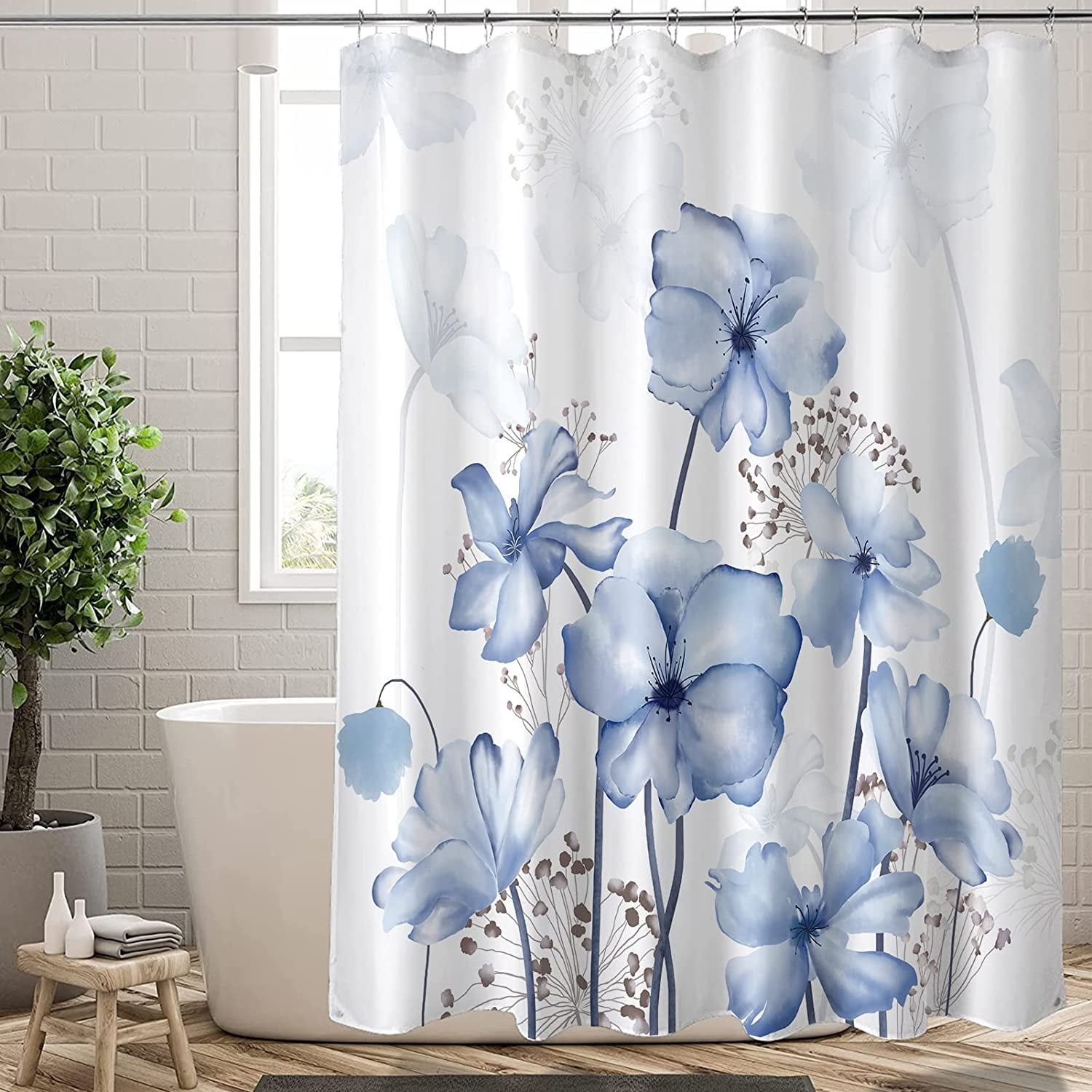 Extra Long Shower Curtain72x84 inch Length Watercolor Blue Floral Shower Curtain Sets,Navy and White Flowers Bathroom Curtains,Modern Art Bath Curtain,Waterproof Fabric with Hooks