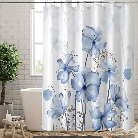 Extra Long Shower Curtain72x84 inch Length Watercolor Blue Floral Shower Curtain Sets,Navy and White Flowers Bathroom Curtains,Modern Art Bath Curtain,Waterproof Fabric with Hooks
