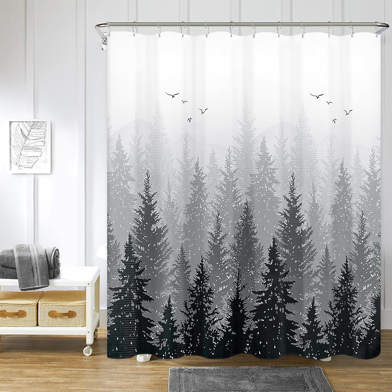 Extra Long Shower Curtains 84 inches Black and White Shower Curtain Mountain Forest Shower Curtain Set Hotel Style Water Repellent Nature Shower Curtains for Bathroom
