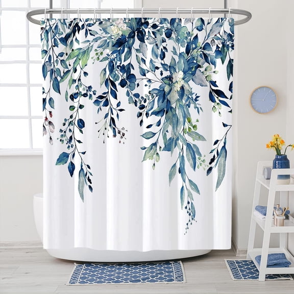 Extra Long Shower Curtains Blue Eucalyptus Shower Curtain, Watercolor Leaves on The Top Plant - Fabric Shower Curtain Set Natural Shower Curtain Bathroom Decor 72x84