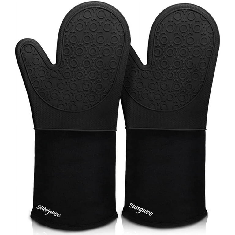 sungwoo Extra Long Silicone Oven Mitts, Durable Heat Resistant Oven Gloves with Quilted Liner Non-Slip Textured Grip Perfect for BBQ, Baking, Cooking