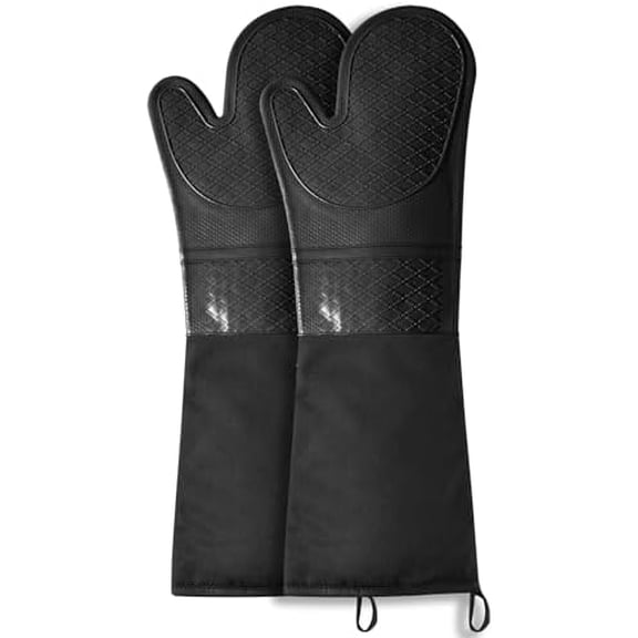 Extra Long Silicone Oven Mitts, Heat Resistant Oven Gloves with Quilted Liner Non-Slip Textured Grip Perfect for BBQ, Baking, Cooking and Grilling - 1 Pair 20 Inch Black