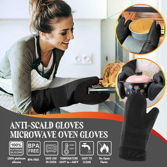 Extra Long Silicone Oven Mitts, Heat Resistant Oven Gloves with Quilted Liner Non-Slip Textured Grip Perfect for BBQ, Baking, Cooking and Grilling - 1 Pcs 13 Inch Black