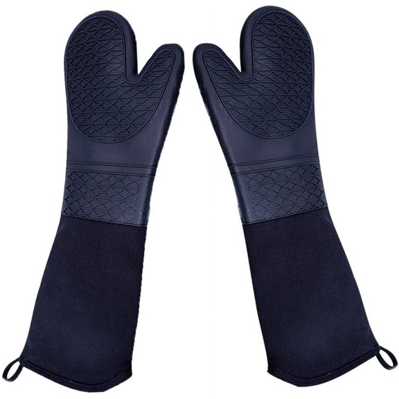 Extra Long Silicone Oven Mitts Heavy Duty Commercial Grade Heat Resistant BBQ Gloves with Quilted Cotton Lining 2 Pack