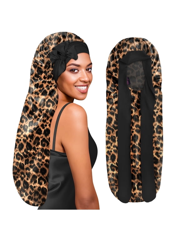 Extra Long Silk Braid Bonnet Nightcap with Tie Band Leopard